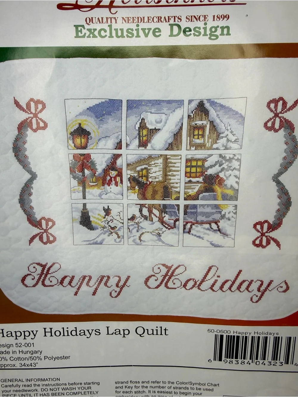 Vintage Herrschners Happy Holidays Lap Quilt Cross Stitch Kit Christmas #52-001